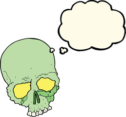 cartoon spooky old skull with thought bubble
