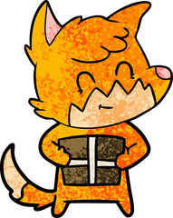cartoon friendly fox with gift
