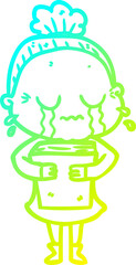cold gradient line drawing of a cartoon crying old lady