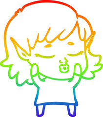 rainbow gradient line drawing of a pretty cartoon elf girl
