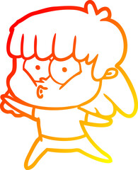 warm gradient line drawing of a cartoon whistling girl