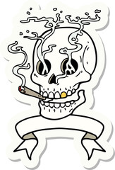 tattoo style sticker with banner of a skull