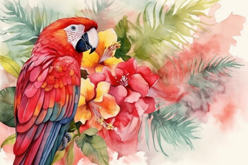 exotic flower watercolor with a parrot and palm foliage from the tropics. Red macaw, generative AI