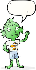 cartoon waving fish boy with speech bubble