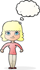 cartoon woman shrugging shoulders with thought bubble