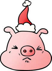 hand drawn gradient cartoon of a angry pig face wearing santa hat
