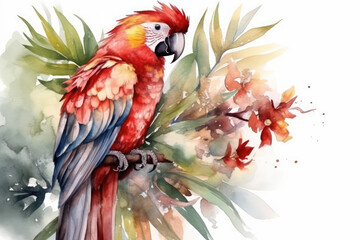 exotic flower watercolor with a parrot and palm foliage from the tropics. Red macaw, generative AI