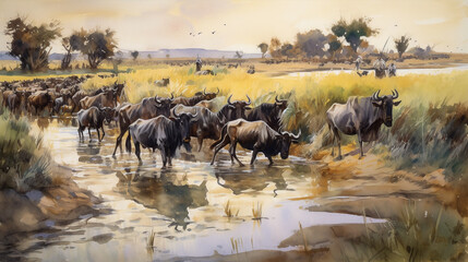 Obraz premium Watercolor painting showing a herd of wildebeest crossing a river in the savannah - ai generative