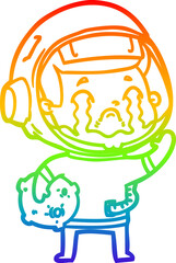 rainbow gradient line drawing of a cartoon crying astronaut