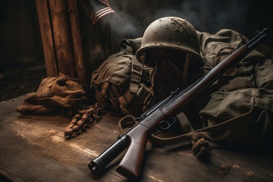 A solemn war background with a fallen soldier's battle cross - rifle, helmet, boots, and gun. Conveys an anti-war message. Generative AI