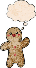 cartoon gingerbread man with thought bubble in grunge texture style