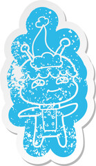 friendly quirky cartoon distressed sticker of a spaceman wearing santa hat