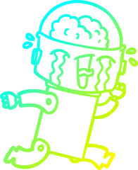 cold gradient line drawing of a cartoon crying robot