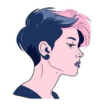 Profile of a modern hipster, punk girl with a vivid color hairstyle. Illustration. Generative AI.