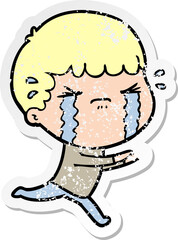distressed sticker of a cartoon man crying