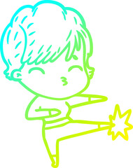 cold gradient line drawing of a cartoon woman thinking