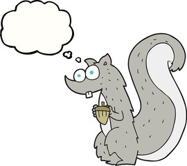 freehand drawn thought bubble cartoon squirrel with nut