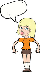 cartoon woman shrugging shoulders with speech bubble