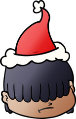 hand drawn gradient cartoon of a face with hair over eyes wearing santa hat