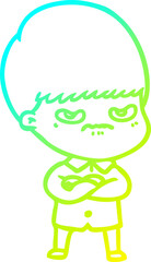 cold gradient line drawing of a annoyed cartoon boy