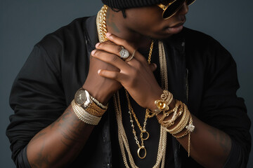 Rapper wearing golden jewelry. AI - obrazy, fototapety, plakaty