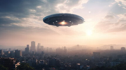 Alien invasion. Ufo flying over the city. AI