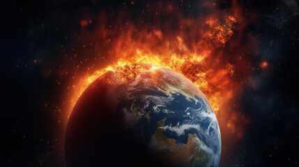 Burning planet Earth. Global warming concept. AI