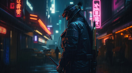 Cyberpunk samurai in futuristic neon city. AI