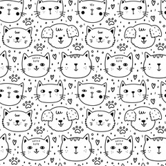 Cute seamless pattern with cats and dogs on white background. Vector hand-drawn illustration in doodle style. Perfect for print, decorations, wrapping paper, wallpaper.