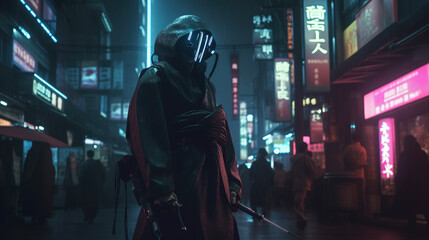 Fototapeta premium Cyberpunk samurai in futuristic neon city. AI
