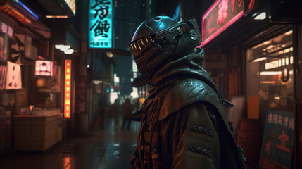 Fototapeta na wymiar Cyberpunk samurai in futuristic neon city. AI