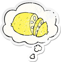 cartoon sliced lemon with thought bubble as a distressed worn sticker