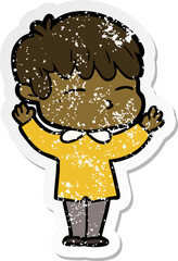 distressed sticker of a cartoon curious boy