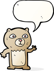 cartoon waving teddy bear with speech bubble