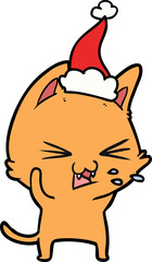 hand drawn line drawing of a cat hissing wearing santa hat