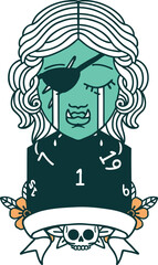 Retro Tattoo Style crying orc rogue character with natural one roll