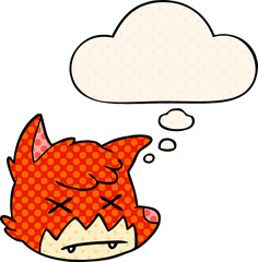 cartoon dead fox face with thought bubble in comic book style