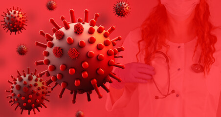 Doctor in a medical mask on a red background. Dangerous virus mockup, bacteria, microbe close-up. Medicine concept.