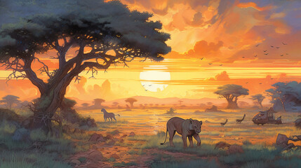 Naklejka premium Watercolor illustration that shows a liones walking in front of the sunset across the savannah - ai generative