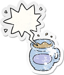 Obraz premium cartoon mug of coffee with speech bubble distressed distressed old sticker