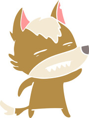 flat color style cartoon wolf waving showing teeth