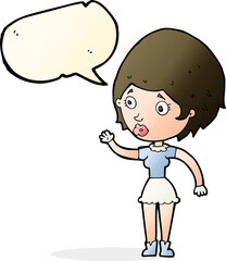 cartoon woman waving with speech bubble