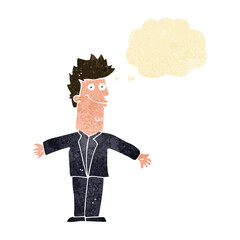 cartoon happy man with open arms with thought bubble