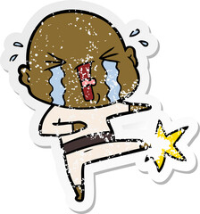 distressed sticker of a cartoon crying bald man