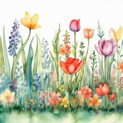 Watercolor style illustration of spring flowers, on white background. Generative AI