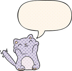 very happy cute cartoon cat  with speech bubble in comic book style