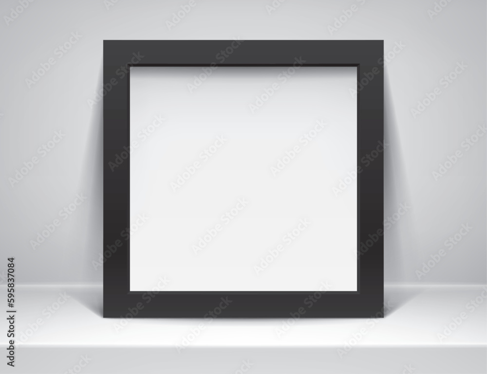 Poster realistic empty black frame on light background. table surface. border for your creative project, mo