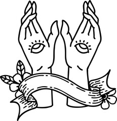traditional black linework tattoo with banner of mystic hands