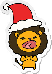 hand drawn sticker cartoon of a lion wearing santa hat