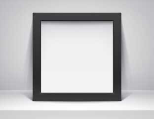 Realistic empty black frame on light background. Table surface. Border for your creative project, mockup for you business project. Vector design